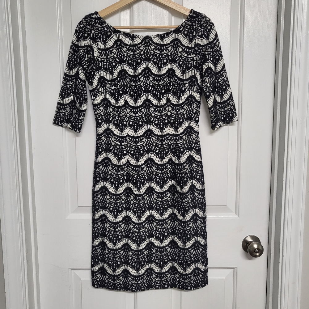 Lilly Pulitzer Black Lace Overlay Cream White Dress Elbow Sleeve Size XS